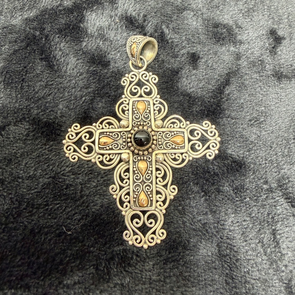 Signed BA Sterling Silver 18k Gold Black Onyx Filigree Cross‎ Pendant Wt. 22.95g
